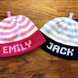 Pink and white stripe and blue and white stripe knitted children's hats