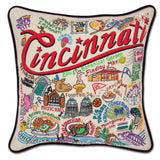 Cincinnati hand embroidered pillow with black velvet piping