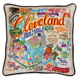 Cleveland hand embroidered pillow with black velvet piping