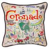Coronado hand embroidered pillow with black velvet piping