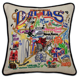 Dallas hand embroidered pillow with black velvet piping