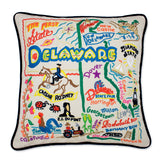 Delaware hand embroidered pillow with black velvet piping