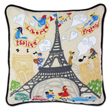 Eiffel Tower hand embroidered pillow with black velvet piping