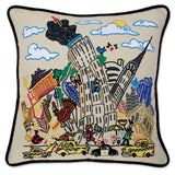 Empire state building hand embroidered pillow with black velvet piping