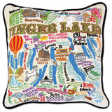 Finger Lakes hand embroidered pillows with black velvet piping
