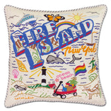 Fire Island hand embroidered pillow with blue ticking