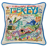 Florida Keys hand embroidered pillow with turquoise velvet piping