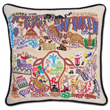 Fort Worth hand embroidered pillow with black velvet piping