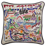 France hand embroidered pillow with black velvet piping