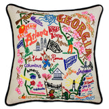 Georgia hand embroidered pillow with black velvet piping