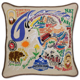 Glacier Park hand embroidered pillow with brown velvet piping