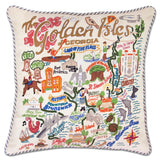 Golden Isles hand embroidered pillow with blue ticking