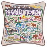 Grand Teton hand embroidered pillow with brown velvet piping