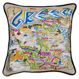 Greece hand embroidered pillow with black velvet piping