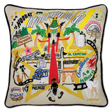Hollywood hand embroidered pillow with black velvet piping