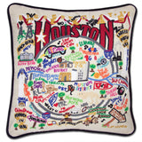 Houston hand embroidered pillow with black velvet piping