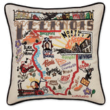 Illinois hand embroidered pillow with black velvet piping