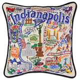 Indianapolis hand embroidered pillow with black velvet piping