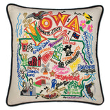 Iowa hand embroidered pillow with black velvet piping
