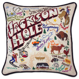 Jackson Hole hand embroidered pillow with black velvet piping