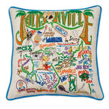Jacksonville hand embroidered pillow with turquoise velvet piping