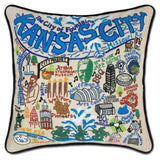 Kansas City hand embroidered pillow with black velvet piping