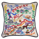Kentucky hand embroidered pillow with black velvet piping