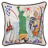 Lady liberty hand embroidered pillow with black velvet piping