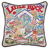Little Rock hand embroidered pillow with black velvet piping