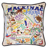Mackinac Island hand embroidered pillow with black velvet piping