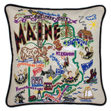 Maine hand embroidered pillow with black velvet piping