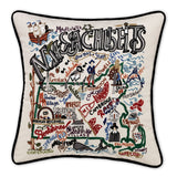 Massachusetts hand embroidered pillow with black velvet piping