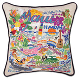 Maui hand embroidered pillow with black velvet piping