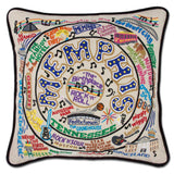 Memphis hand embroidered pillow with black velvet piping