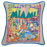 Miami hand embroidered pillow with turquoise velvet piping