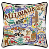 Milwaukee hand embroidered pillow with black velvet piping