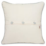Back of the Nantucket pillow with blue ticking and matching three button closure