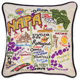 Napa Valley hand embroidered pillow with black velvet piping