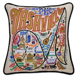 Nashville hand embroidered pillow with black velvet piping