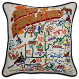 New England hand embroidered pillow with black velvet piping