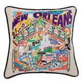 New Orleans hand embroidered pillow with black velvet piping
