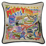 New York State hand embroidered pillow with black velvet piping