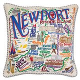 Newport hand embroidered pillow with blue ticking