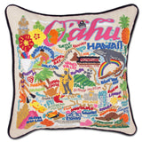Oahu hand embroidered pillow with black velvet piping