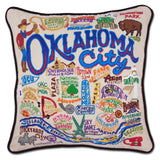Oklahoma City hand embroidered pillow woth black velvet piping