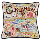 Oklahoma hand embroidered pillow with black velvet piping