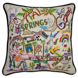 Palm Springs hand embroidered pillow with black velvet piping