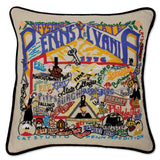 Pennsylvania hand embroidered pillow with black velvet piping