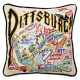 Pittsburgh hand embroidered pillow with black velvet piping