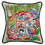 Portland, OR hand embroidered pillow with black velvet piping